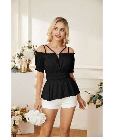 Peplum Tops for Women Puff Short Sleeve Chiffon Blouses Cold Shoulder Tops Summer Shirt Babydoll Tops Black-star(textured) $1...