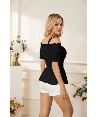 Peplum Tops for Women Puff Short Sleeve Chiffon Blouses Cold Shoulder Tops Summer Shirt Babydoll Tops Black-star(textured) $1...