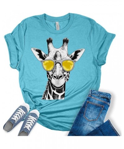 Womens Giraffe Shirts Casual Ladies Cute Graphic Tees Spring Short Sleeve T Shirts Plus Size Summer Tops Giraffe 2-heather Aq...