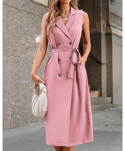 Casual Business Dress 2024 Summer Work Office Lapel V Neck Slit Belted Sleeveless Button Down Dresses with Pockets Solid Pink...