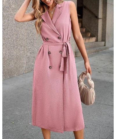 Casual Business Dress 2024 Summer Work Office Lapel V Neck Slit Belted Sleeveless Button Down Dresses with Pockets Solid Pink...