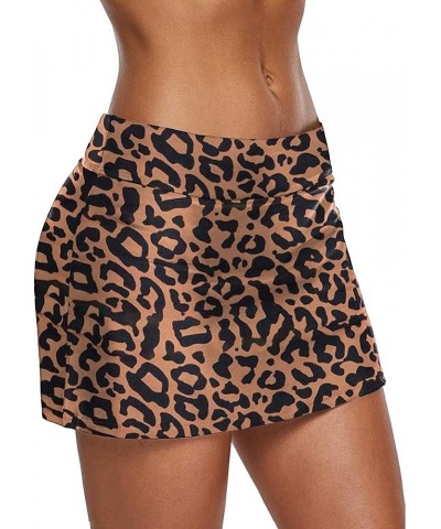 Women Swim Skirt Solid Color Waistband Skort Bikini Bottom Yello Leopard $13.24 Swimsuits