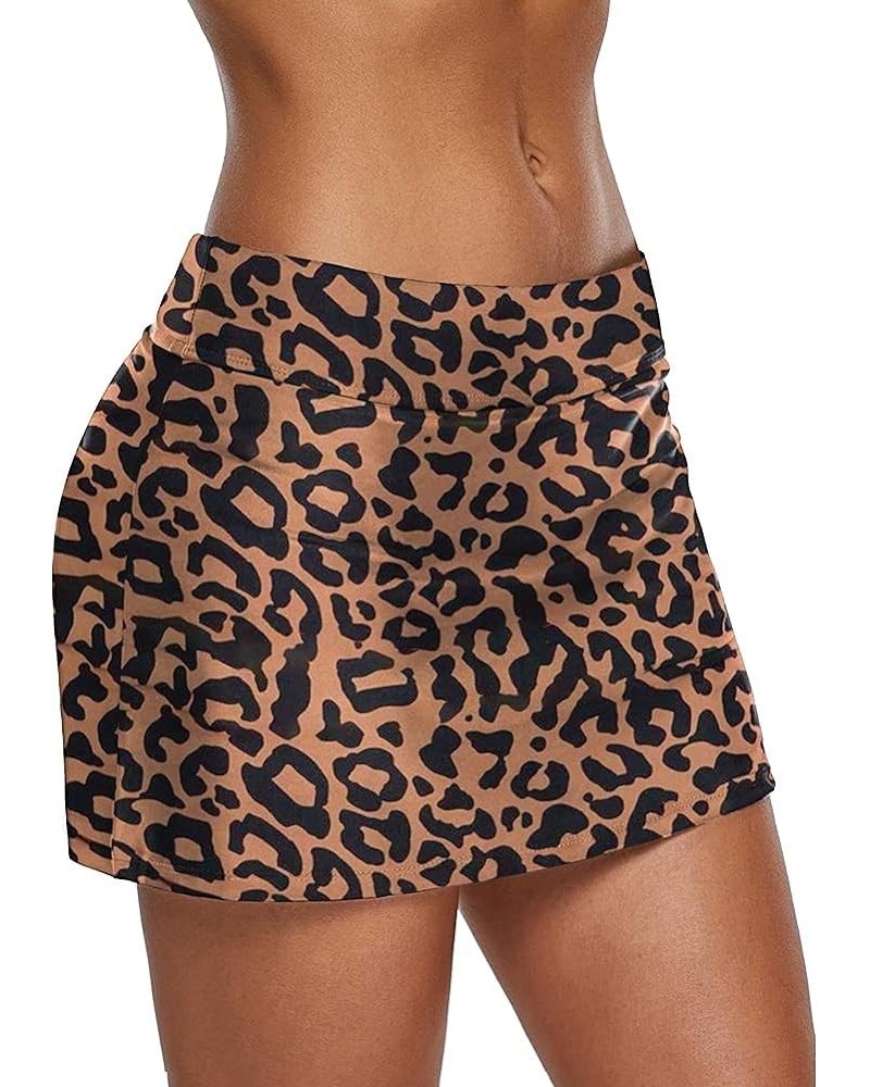 Women Swim Skirt Solid Color Waistband Skort Bikini Bottom Yello Leopard $13.24 Swimsuits