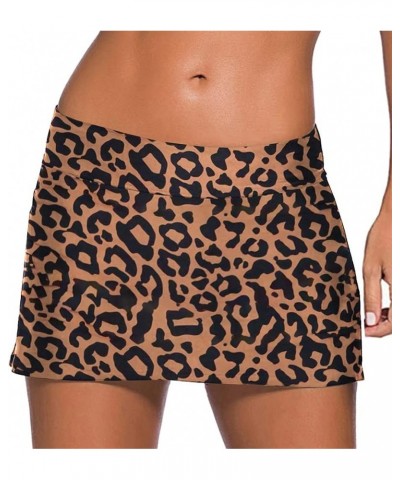 Women Swim Skirt Solid Color Waistband Skort Bikini Bottom Yello Leopard $13.24 Swimsuits