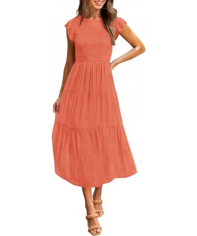 Women's Flutter Short Sleeve Smocked Midi Dress Summer Casual Tiered A-Line Dress Orange $29.06 Dresses