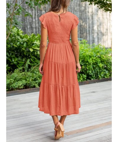 Women's Flutter Short Sleeve Smocked Midi Dress Summer Casual Tiered A-Line Dress Orange $29.06 Dresses