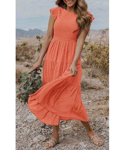 Women's Flutter Short Sleeve Smocked Midi Dress Summer Casual Tiered A-Line Dress Orange $29.06 Dresses