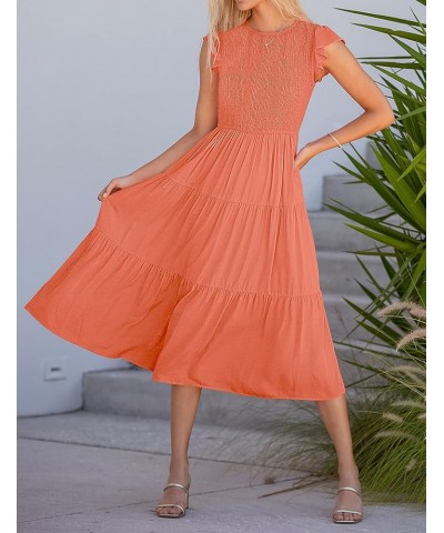 Women's Flutter Short Sleeve Smocked Midi Dress Summer Casual Tiered A-Line Dress Orange $29.06 Dresses