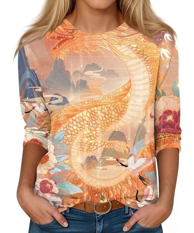 Women's Casual 3/4 Sleeve T-Shirts Round Neck Year of Dragon Tunic Tops Basic Tees Blouses Loose Fit Pullover 2-orange $9.27 ...