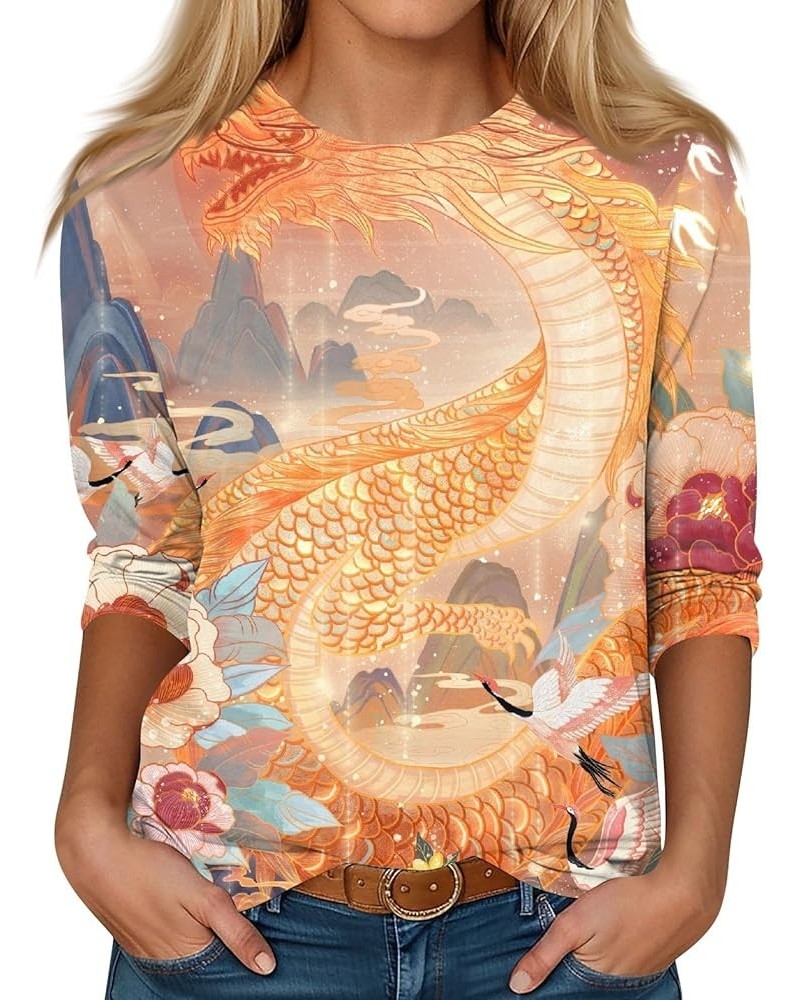 Women's Casual 3/4 Sleeve T-Shirts Round Neck Year of Dragon Tunic Tops Basic Tees Blouses Loose Fit Pullover 2-orange $9.27 ...