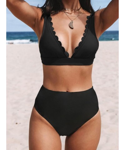 Women Scalloped V Neck Bikini Swimsuit High Waist Floral Ruched Two Piece Bathing Suit Black $18.62 Swimsuits