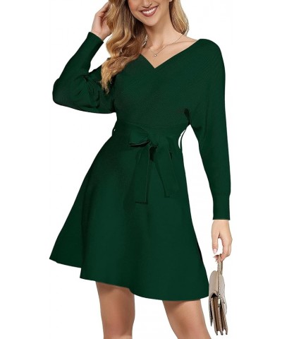 Winter Sweater Dress Women - Fall Long Sleeve V Neck Short Ribbed Knit Dark Green $26.21 Sweaters