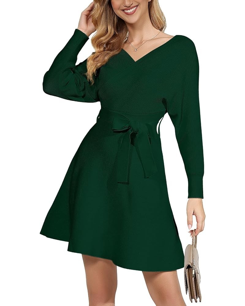 Winter Sweater Dress Women - Fall Long Sleeve V Neck Short Ribbed Knit Dark Green $26.21 Sweaters