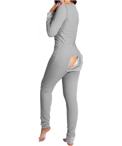 Women's Sexy Butt Button Back Flap Bodycon Jumpsuit Rompers Pajamas Knitted V Neck Bodysuit Pajamas Onesie Overall Gray $10.8...