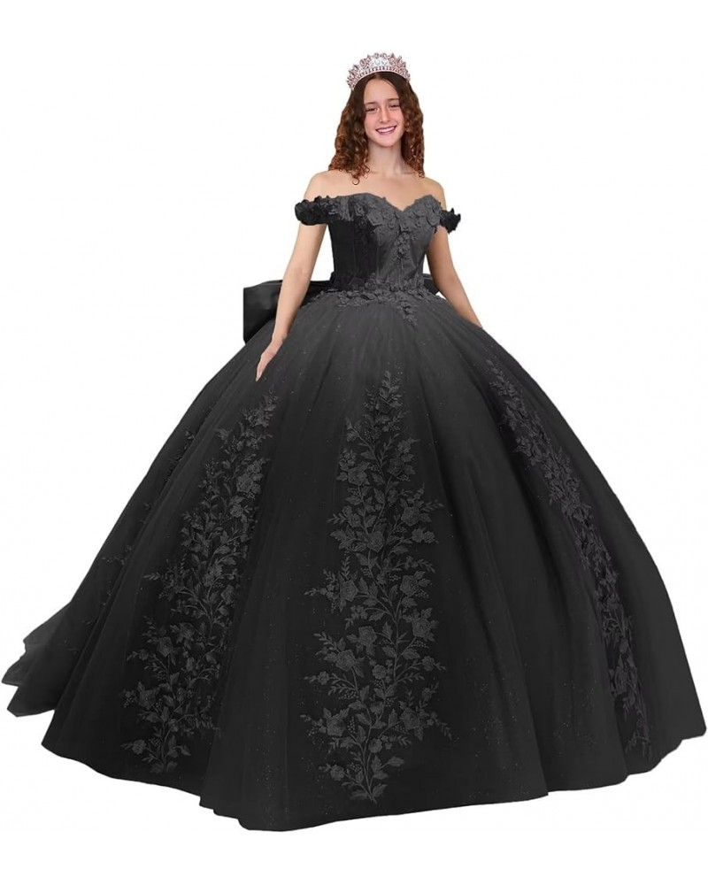 Lace Quinceanera Dresses Ball Gown Puffy Sparkly Tulle 3D Floral Sweet 16 Dresses Off Shoulder Party Gowns Y130 Black $49.60 ...