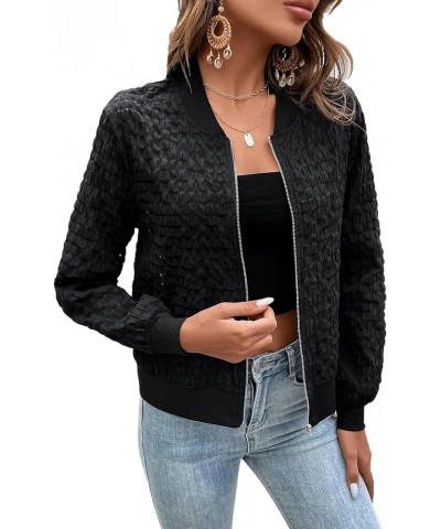 Women's Semi Sheer Plaid Zip Up Long Sleeve Bomber Jacket Lightweight Outerwear Black $16.10 Jackets