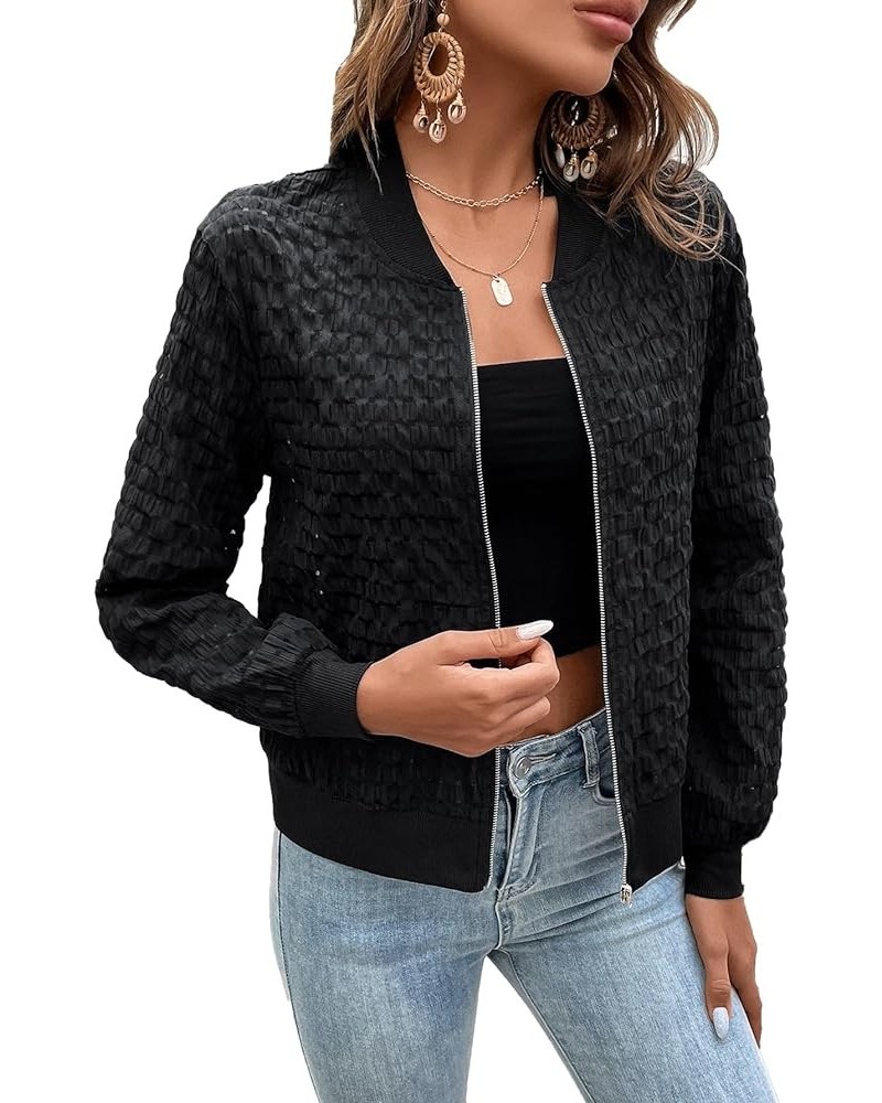 Women's Semi Sheer Plaid Zip Up Long Sleeve Bomber Jacket Lightweight Outerwear Black $16.10 Jackets