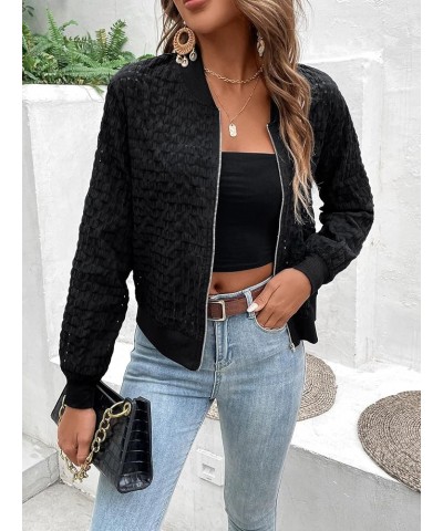 Women's Semi Sheer Plaid Zip Up Long Sleeve Bomber Jacket Lightweight Outerwear Black $16.10 Jackets