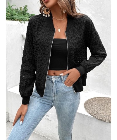 Women's Semi Sheer Plaid Zip Up Long Sleeve Bomber Jacket Lightweight Outerwear Black $16.10 Jackets