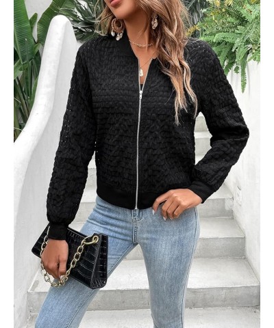 Women's Semi Sheer Plaid Zip Up Long Sleeve Bomber Jacket Lightweight Outerwear Black $16.10 Jackets