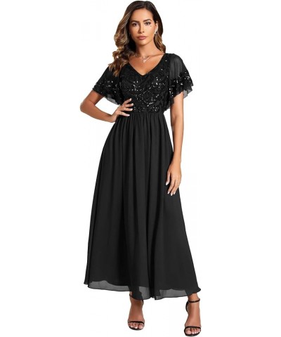 Women's V-Neck Sequin Applique Ruffles Sleeves Backless A-Line Evening Dresses 01583 Black $43.00 Dresses