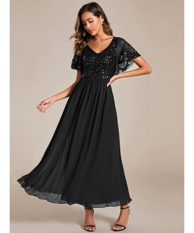 Women's V-Neck Sequin Applique Ruffles Sleeves Backless A-Line Evening Dresses 01583 Black $43.00 Dresses