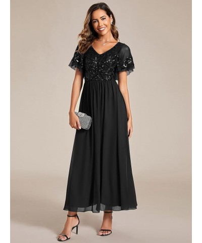 Women's V-Neck Sequin Applique Ruffles Sleeves Backless A-Line Evening Dresses 01583 Black $43.00 Dresses