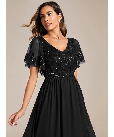 Women's V-Neck Sequin Applique Ruffles Sleeves Backless A-Line Evening Dresses 01583 Black $43.00 Dresses