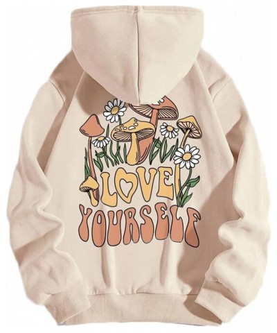 Women Mushroom Graphic Letter Print Oversized Fleece Hoodie Long Sleeve Casual Hooded Sweatshirt Pullover Tops Apricot $16.66...