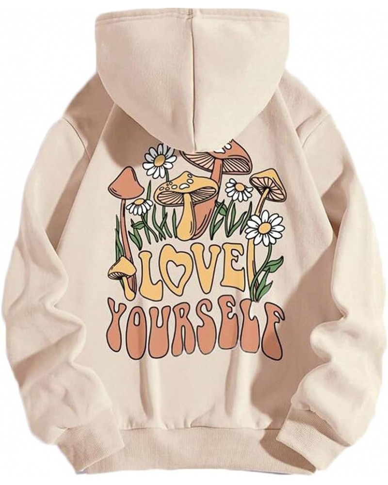 Women Mushroom Graphic Letter Print Oversized Fleece Hoodie Long Sleeve Casual Hooded Sweatshirt Pullover Tops Apricot $16.66...