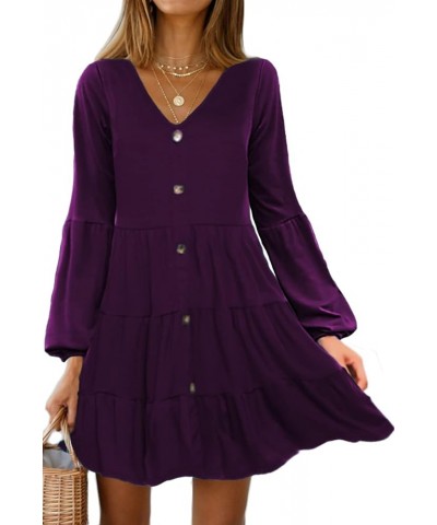 Women's Button Front Dress Puff Sleeve V-Neck Pleated Swing Tiered Dresses Z-dark Purple $18.19 Dresses