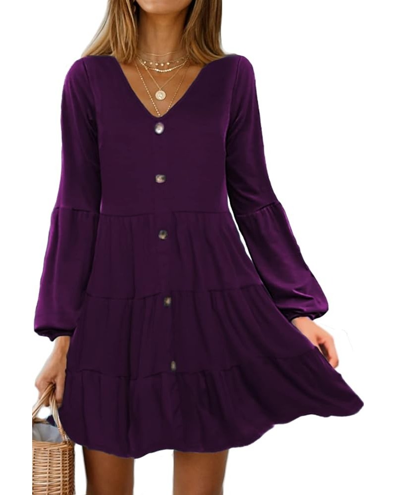 Women's Button Front Dress Puff Sleeve V-Neck Pleated Swing Tiered Dresses Z-dark Purple $18.19 Dresses