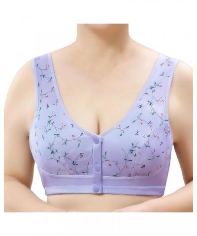 Front Button Bra, Front Closure Sports Bras Women Cotton Ultra Soft Cup, Wireless Cotton Convenient Bra for Womens Purple Flo...