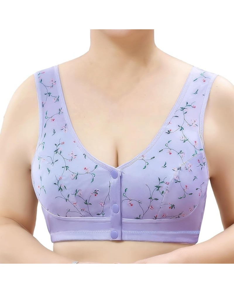 Front Button Bra, Front Closure Sports Bras Women Cotton Ultra Soft Cup, Wireless Cotton Convenient Bra for Womens Purple Flo...