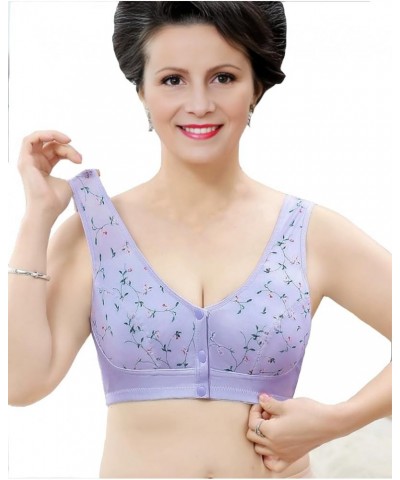 Front Button Bra, Front Closure Sports Bras Women Cotton Ultra Soft Cup, Wireless Cotton Convenient Bra for Womens Purple Flo...