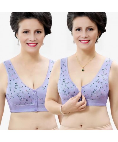 Front Button Bra, Front Closure Sports Bras Women Cotton Ultra Soft Cup, Wireless Cotton Convenient Bra for Womens Purple Flo...