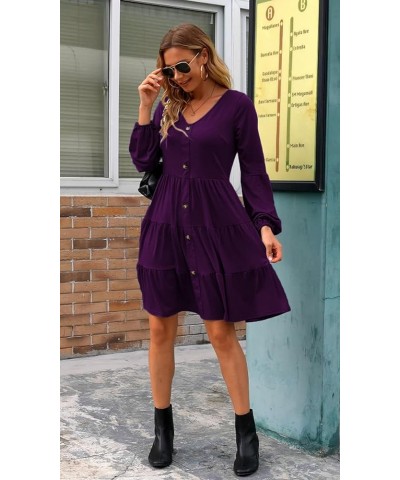 Women's Button Front Dress Puff Sleeve V-Neck Pleated Swing Tiered Dresses Z-dark Purple $18.19 Dresses