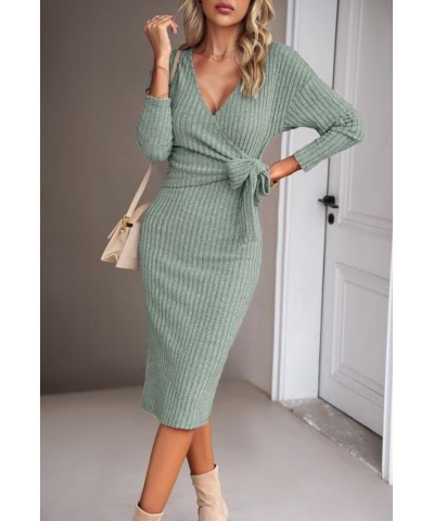 Sweater Dresses for Women 2023 Fall Winter Long Sleeve Sexy Wrap V Neck Ribbed Knit Bodycon Knee Length Dress Green $11.25 Sw...