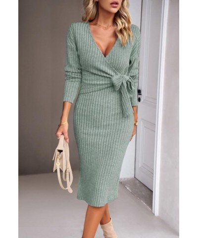 Sweater Dresses for Women 2023 Fall Winter Long Sleeve Sexy Wrap V Neck Ribbed Knit Bodycon Knee Length Dress Green $11.25 Sw...