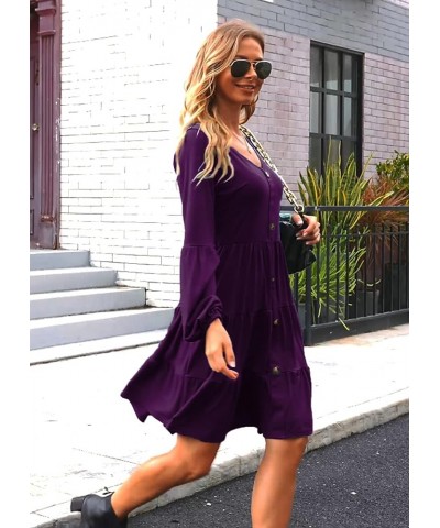 Women's Button Front Dress Puff Sleeve V-Neck Pleated Swing Tiered Dresses Z-dark Purple $18.19 Dresses