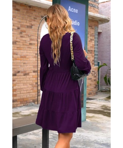 Women's Button Front Dress Puff Sleeve V-Neck Pleated Swing Tiered Dresses Z-dark Purple $18.19 Dresses