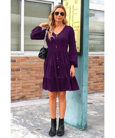 Women's Button Front Dress Puff Sleeve V-Neck Pleated Swing Tiered Dresses Z-dark Purple $18.19 Dresses