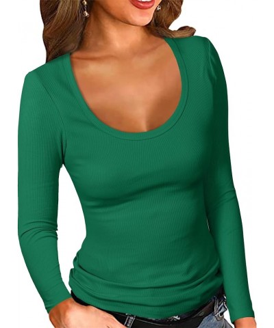 Women's Ribbed Scoop Neck Slim Fitted T Shirts Basic Solid Long Sleeve Layering Tee Tops Darkgreen $12.60 T-Shirts