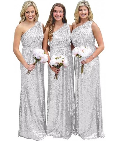 Sequin One Shoulder Bridesmaid Dresses for Women Long Formal Dresses for Women A Line Wedding Guest Dresses White Silver $41....