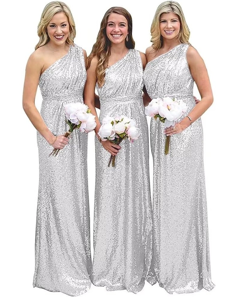 Sequin One Shoulder Bridesmaid Dresses for Women Long Formal Dresses for Women A Line Wedding Guest Dresses White Silver $41....