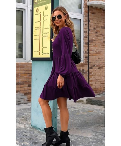 Women's Button Front Dress Puff Sleeve V-Neck Pleated Swing Tiered Dresses Z-dark Purple $18.19 Dresses