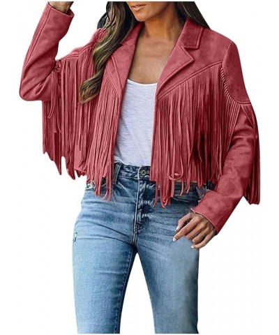 Women Trendy Tassel Coat Fringe Jacket Faux Suede Leather Cowboy Style Coat Long Sleeve Lapel Tunic Blazer Crop Tops A01_red ...