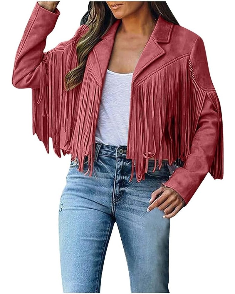 Women Trendy Tassel Coat Fringe Jacket Faux Suede Leather Cowboy Style Coat Long Sleeve Lapel Tunic Blazer Crop Tops A01_red ...