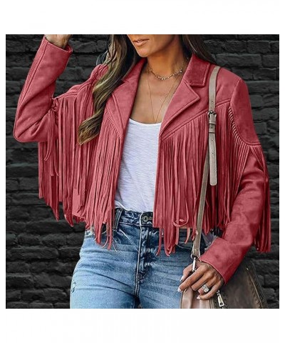 Women Trendy Tassel Coat Fringe Jacket Faux Suede Leather Cowboy Style Coat Long Sleeve Lapel Tunic Blazer Crop Tops A01_red ...