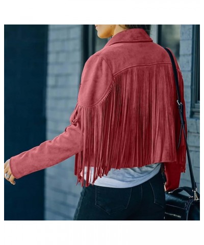 Women Trendy Tassel Coat Fringe Jacket Faux Suede Leather Cowboy Style Coat Long Sleeve Lapel Tunic Blazer Crop Tops A01_red ...